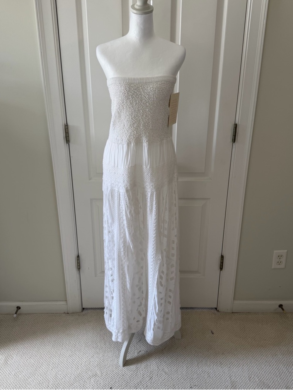 Boston Proper White Strapless Maxi Dress with Smocked Bodice